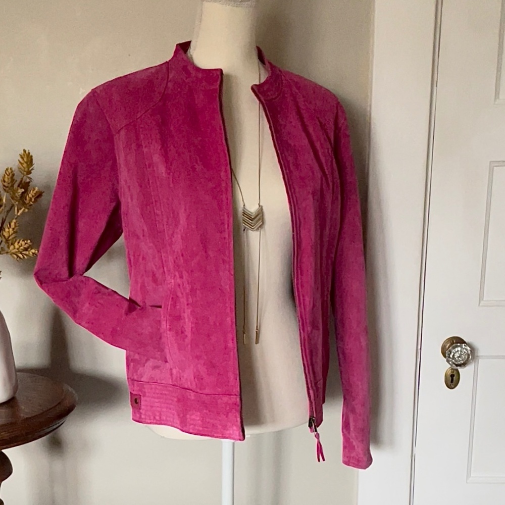 Vintage 100% genuine suede leather Cranberry pink collarless moto bomber jacket
